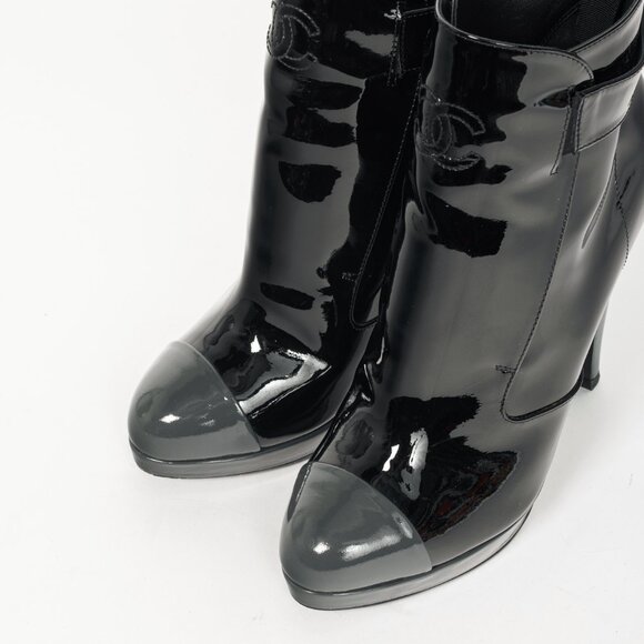 Chanel Black Patent Leather Cap-Toe Platform Booties - Picture 6 of 11